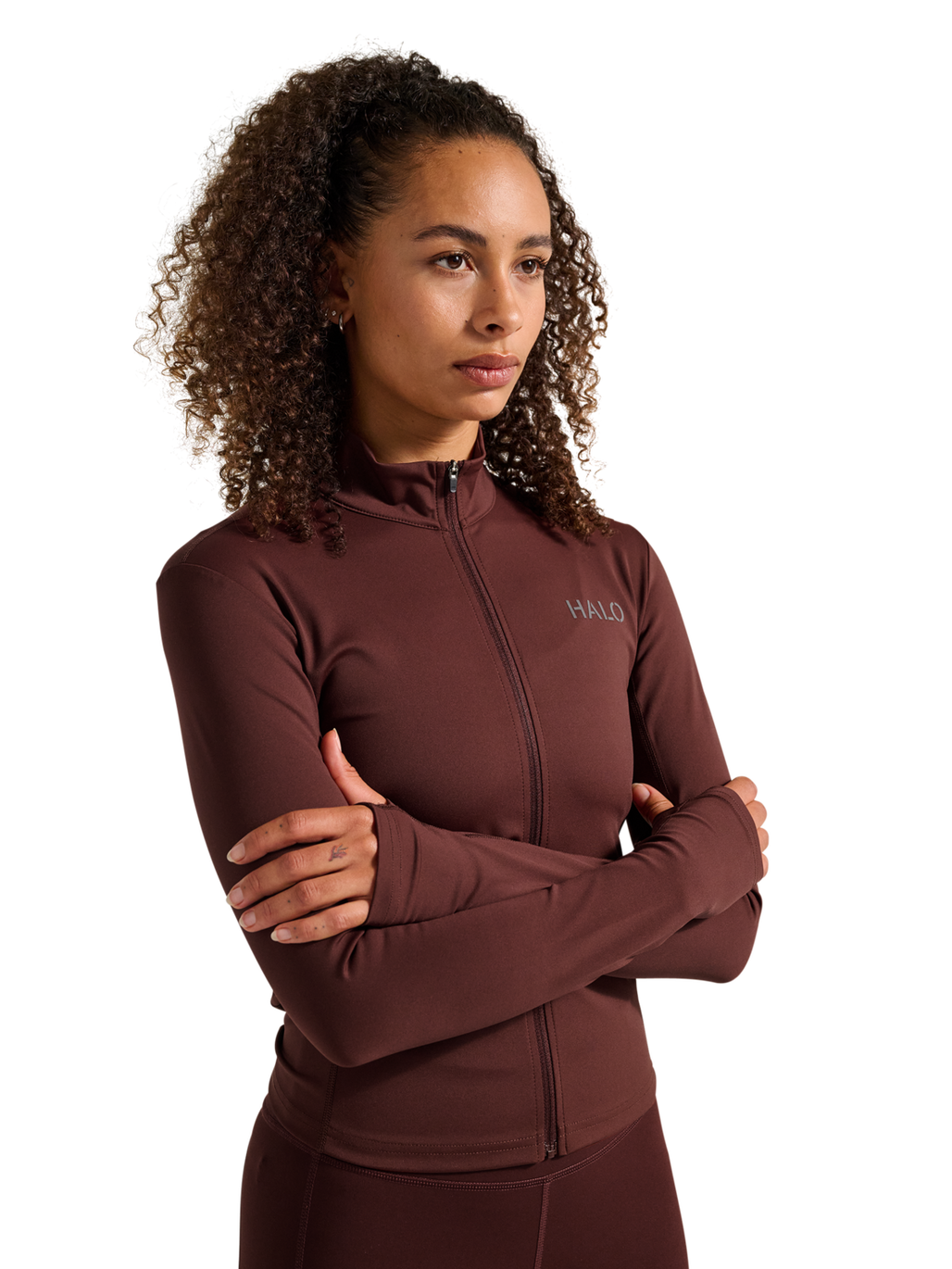 HALO WOMEN FULL ZIP 2.0, BITTER CHOCOLATE, model